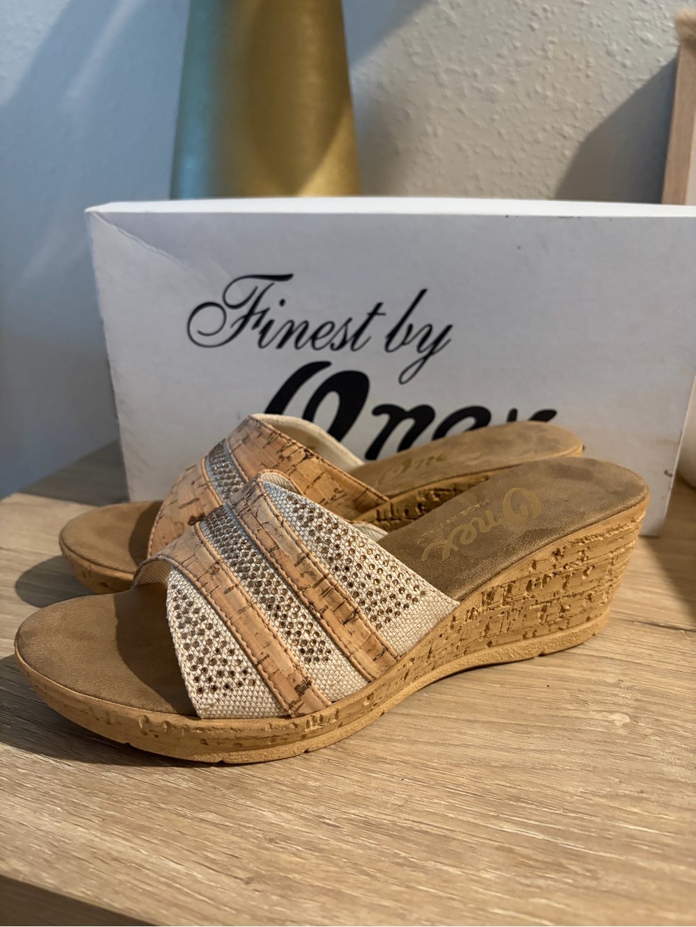 Onex Beige and Cork Wedge Slide Sandals